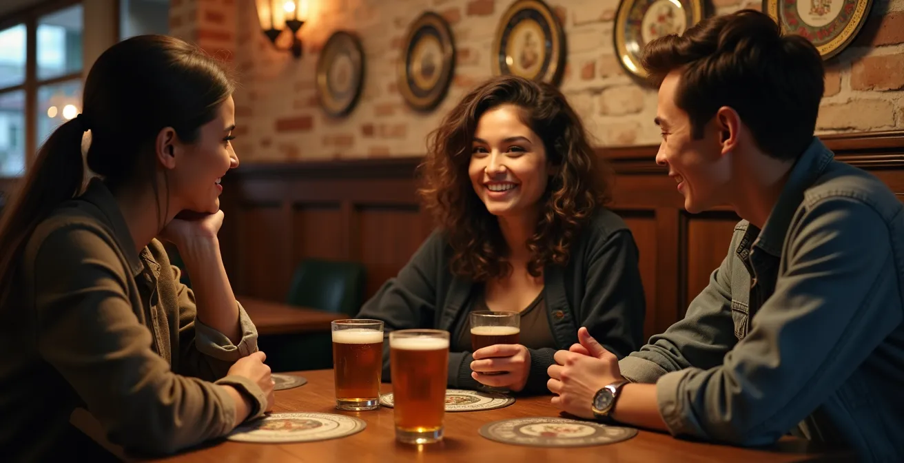 Étudiants internationaux en conversation dans un pub traditionnel londonien