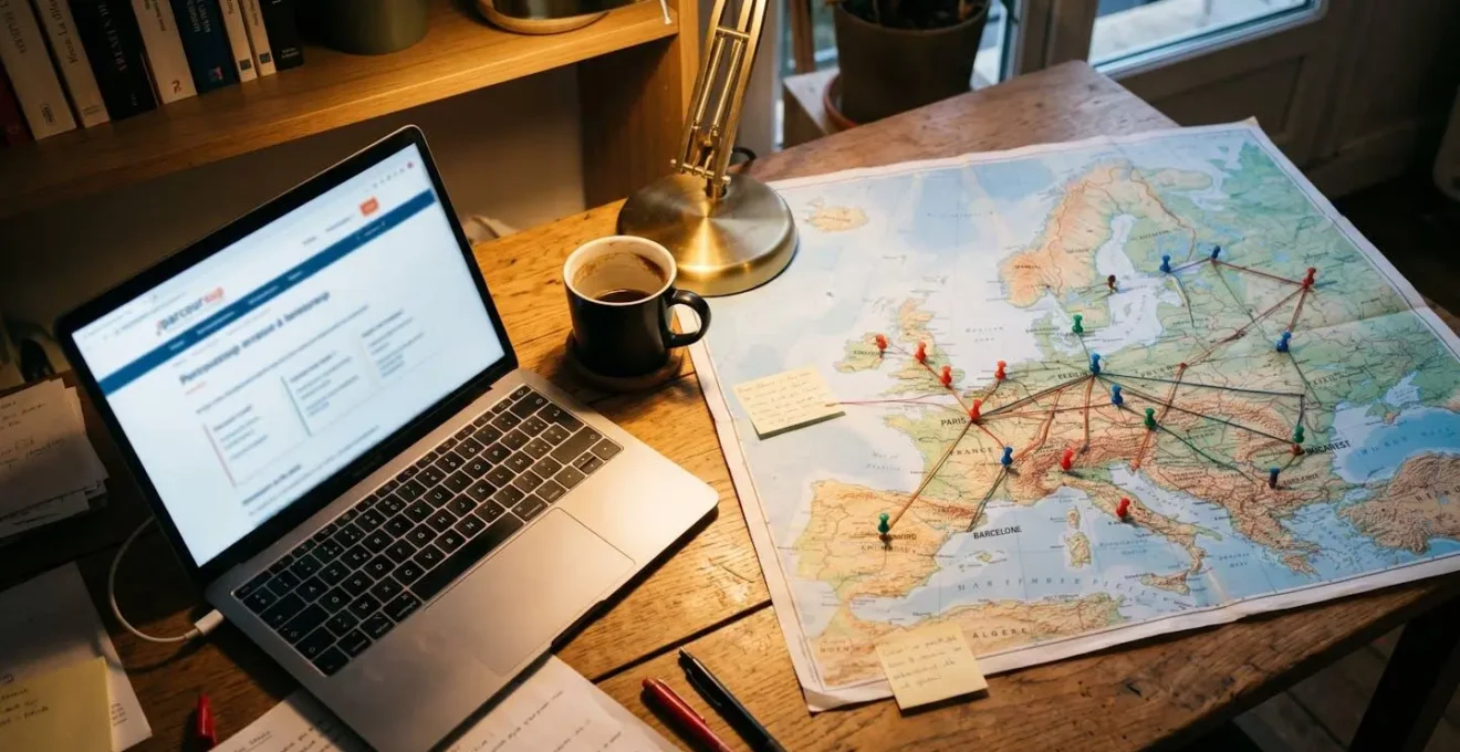 Bureau avec ordinateur affichant Parcoursup, carte de l'Europe avec punaises colorées, tasse de café.