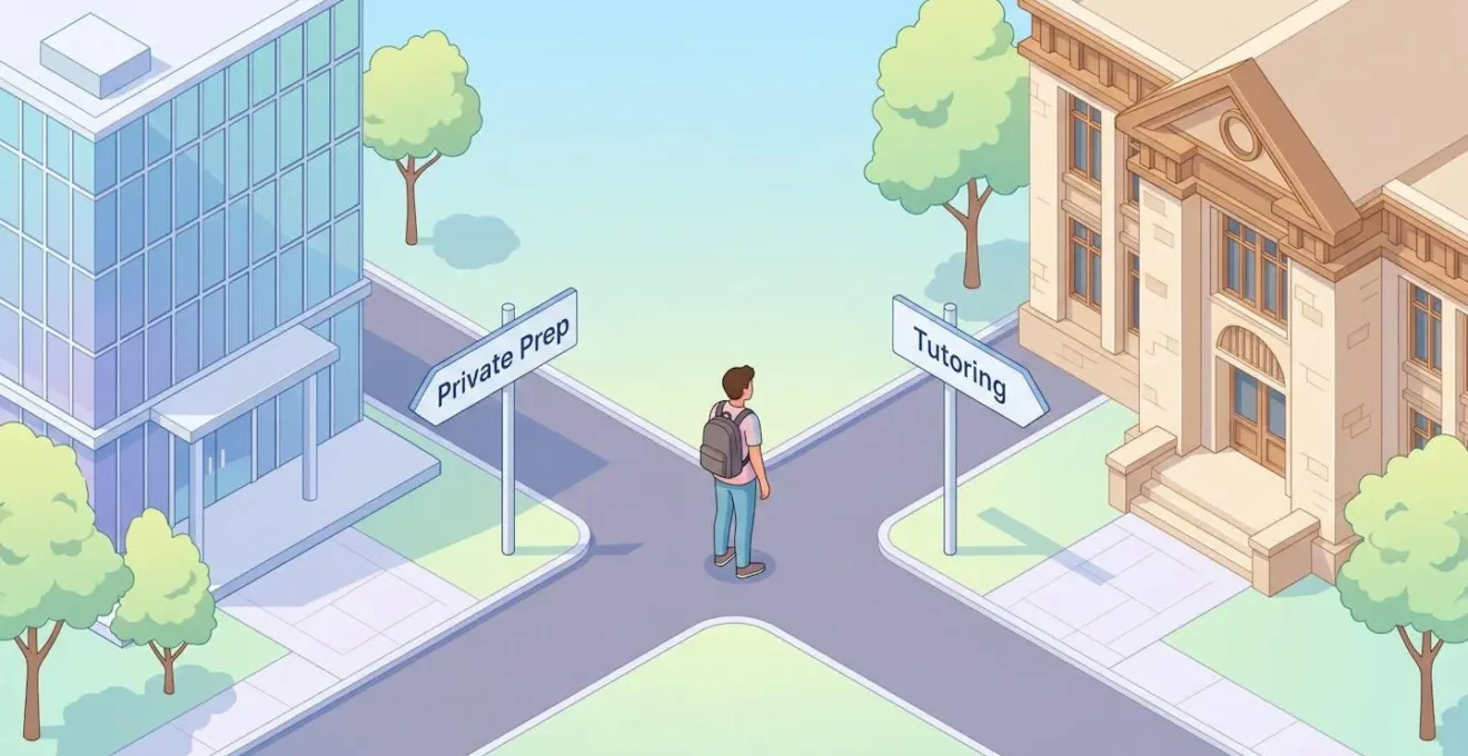 Illustration 3D d'un carrefour avec deux panneaux indiquant 'Prépa privée' et 'Tutorat', un étudiant hésite au milieu.
