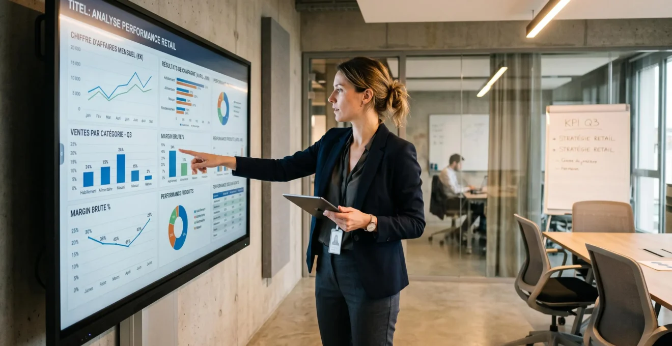 Data analyst standing in front of a large screen displaying retail analytics dashboards and performance metrics