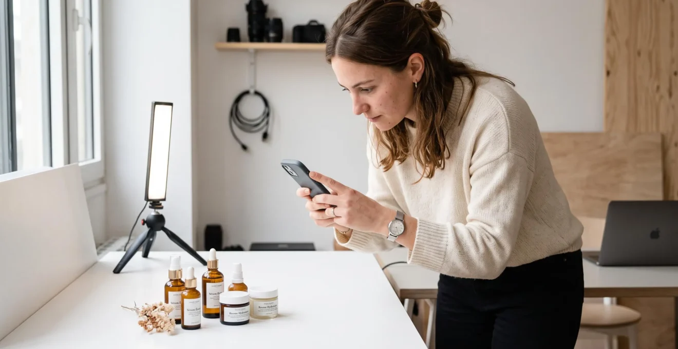 Content creator photographing a retail product with a smartphone on a clean photography setup