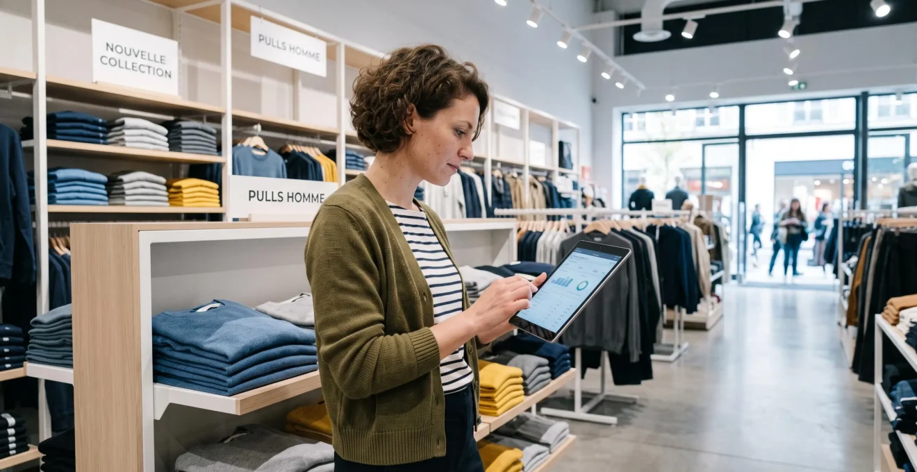 Retail manager consulting analytics data on a tablet while standing in a modern store aisle surrounded by product displays