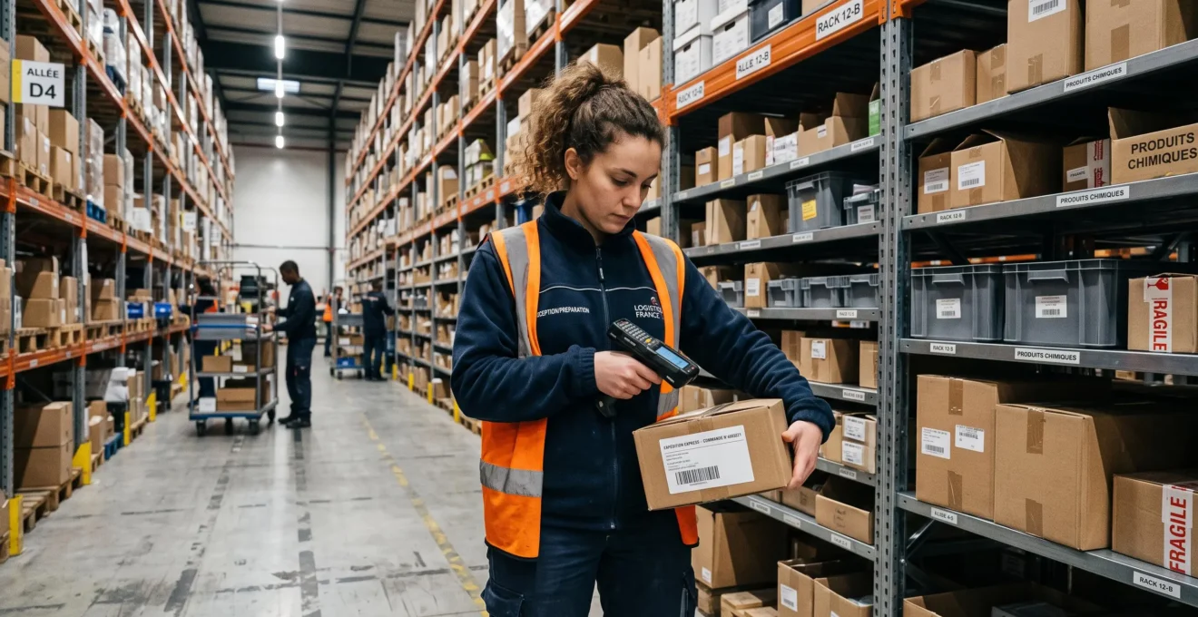 Warehouse worker scanning a product with a handheld device while preparing an e-commerce order in a fulfillment center